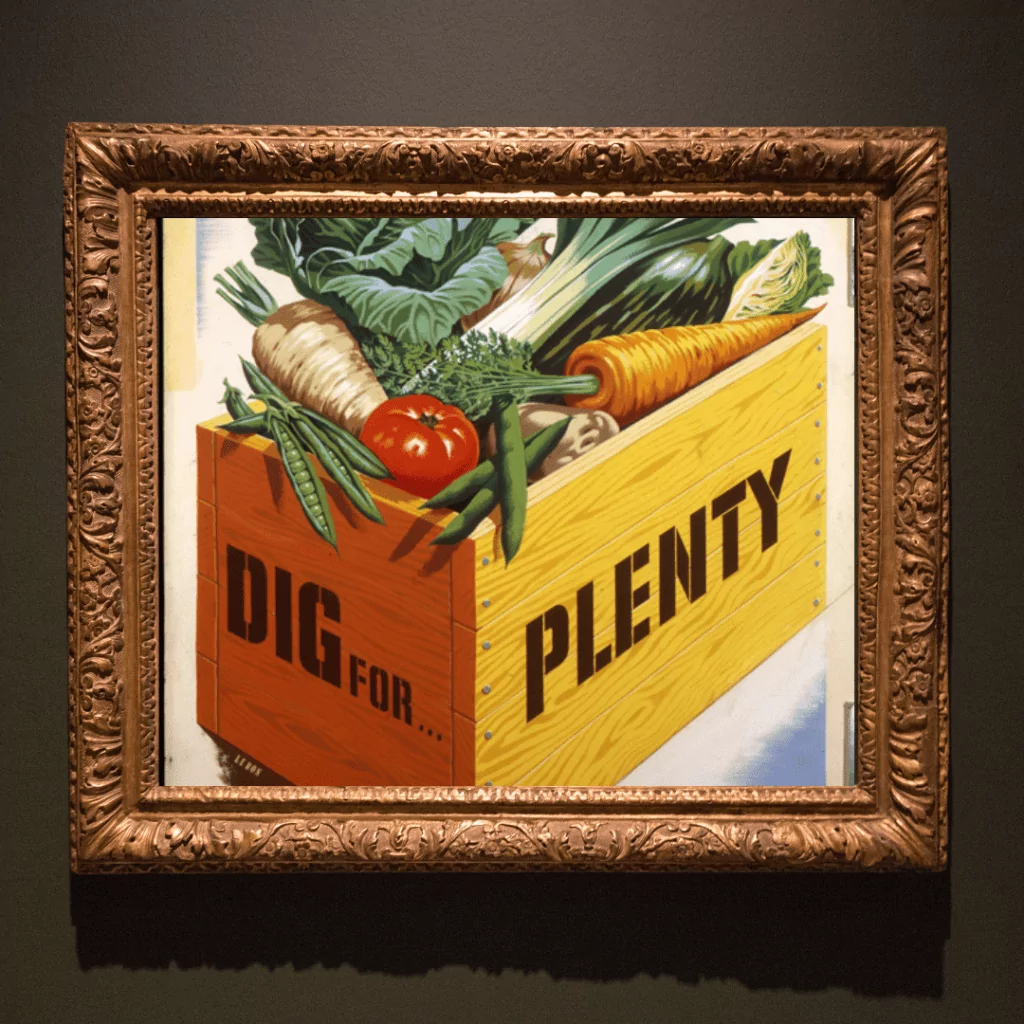 Dig for Victory
Image: Ornate Picture Frame presenting an image of a wooden box with DIG FOR VICTORY and filled with vegetables.