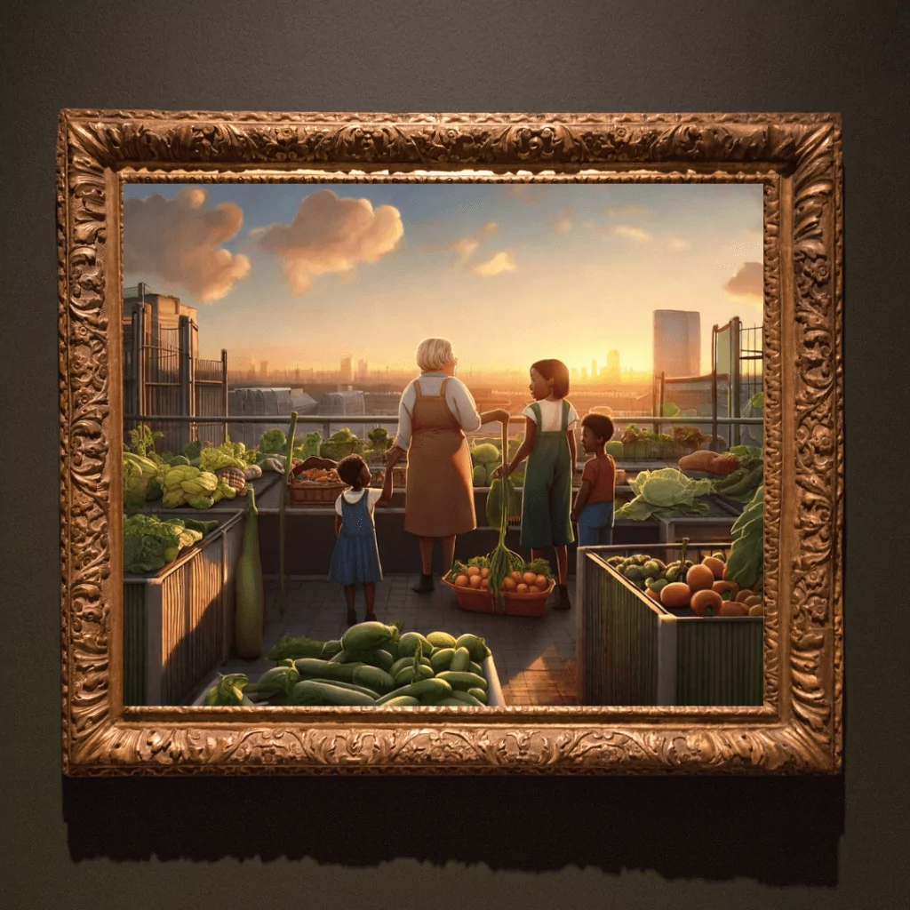 Ornate Picture Frame with Family Growing their own food on balcony in urban setting