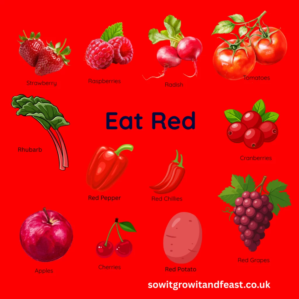 Eat Red.
Strawberries, raspberries, radish, tomatoes, rhubarb, red pepper. red chillies, cranberries, Apples, Cherries, Red potatoes, Red grapes.