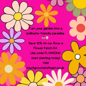 Turn your garden into a pollinator freidnly paradise. save 10% on our FLOWER10. Image: Pop Pink bacground with brightly coloured childlike flowers