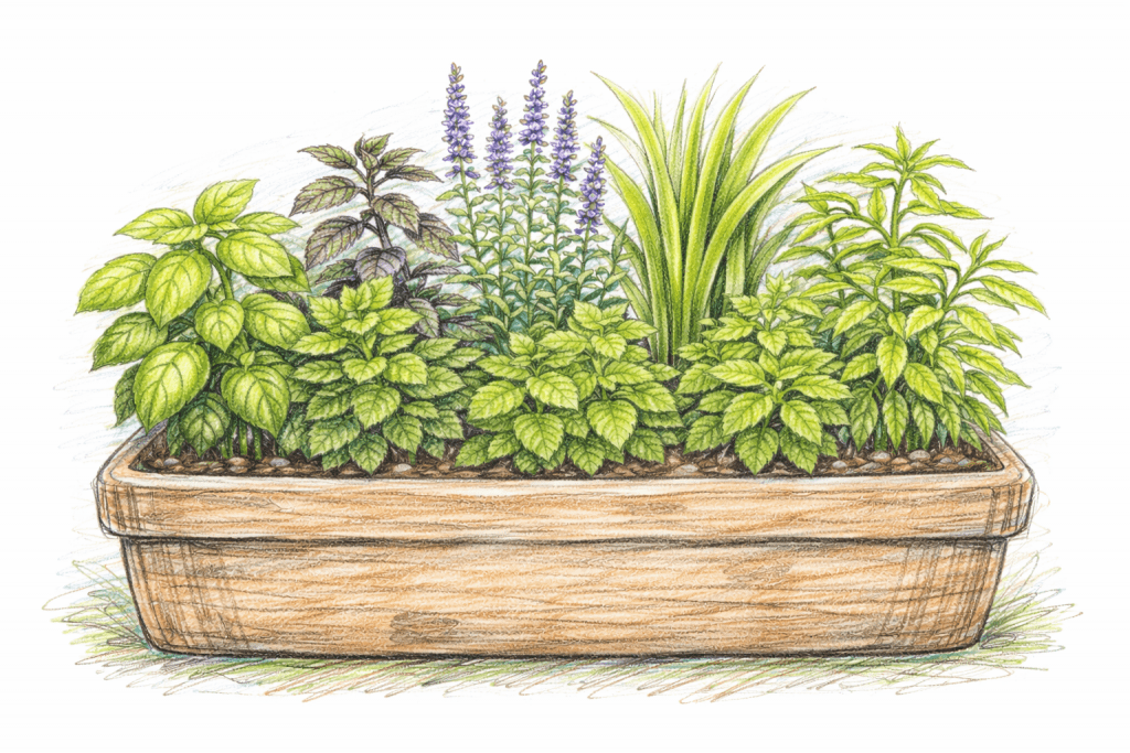 Herbal Tea Planter - Plants

Basil — Ocimum basilicum

Black peppermint — Mentha × piperita

Curled spearmint — Mentha spicata

Hyssop — Hyssopus officinalis

Lemon balm — Melissa officinalis

Lemon grass — Cymbopogon citratus

Lemon verbena — Aloysia citrodora