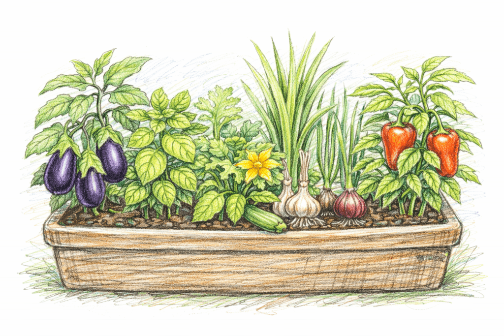 Roast Vegetable Planter. 

Aubergine ‘Baby Belle’

Basil Italiano Classico

Courgette ‘Patio Star’

Garlic

Onion ‘Red Baron’

Sweet pepper ‘Enorma Ibrido’