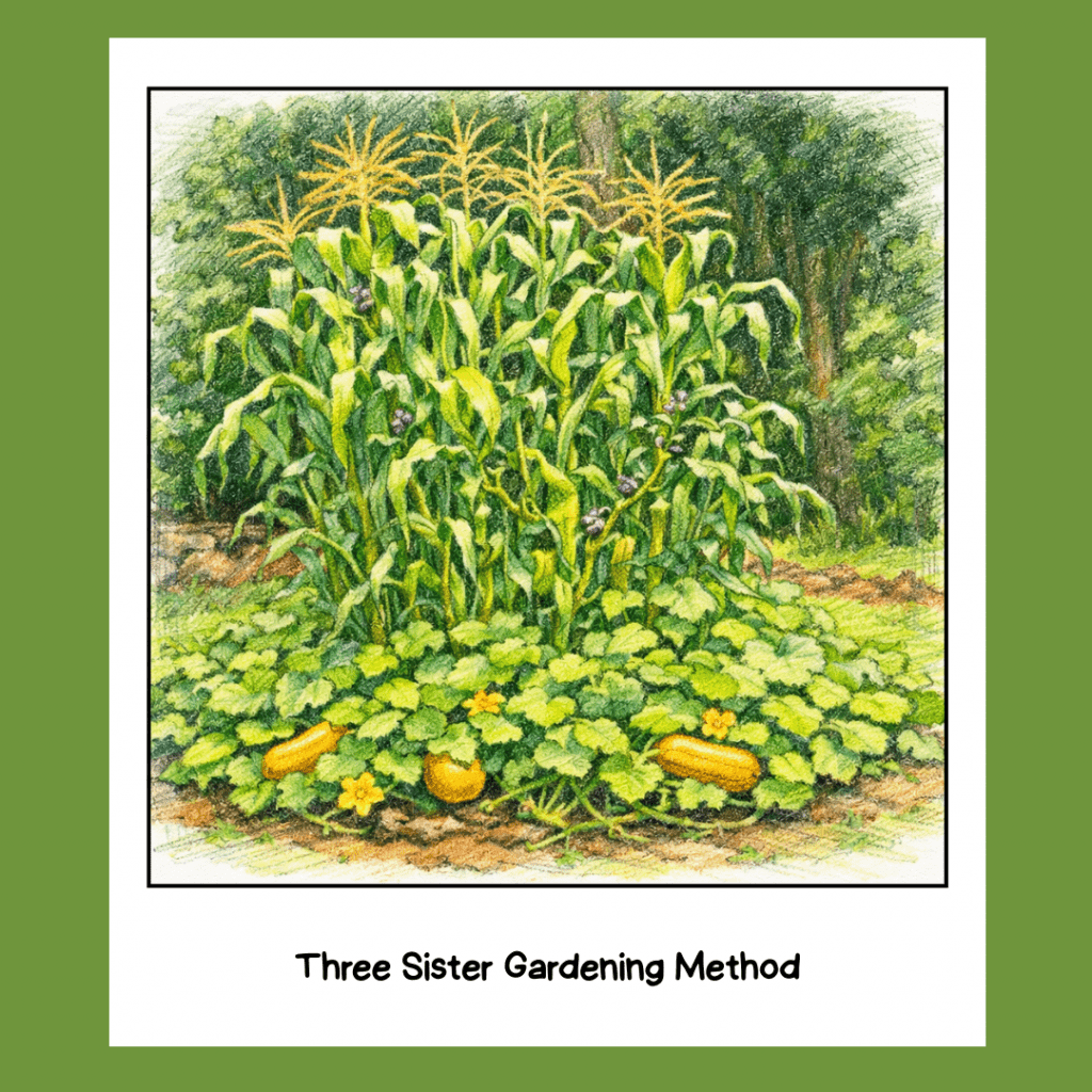 Three Sister Gardening Method.  Corn, Beans and Squash