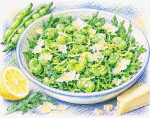 Broad Bean, Lemon and Parmesan Salad - colourful sketch
