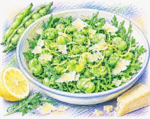Broad Bean, Lemon and Parmesan Salad - colourful sketch