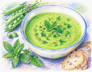 Garden Pea and Mint Soup colourful sketch