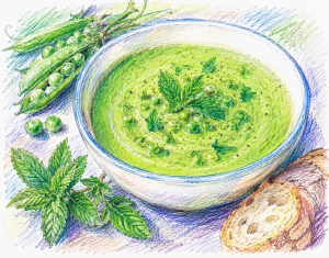 Garden Pea and Mint Soup colourful sketch