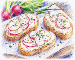 Radish and Cream Cheese Crostini colourful sketch