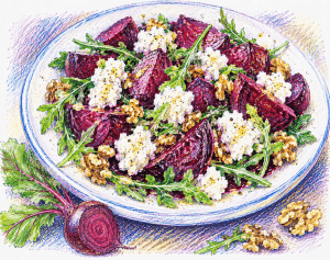 Roasted Beetroot with Goats' Cheese colourful sketch
