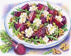 Roasted Beetroot with Goats' Cheese colourful sketch