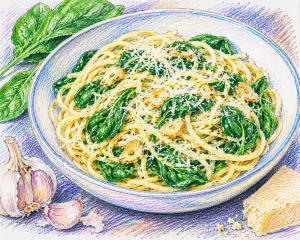 Spinach and Garlic Pasta colourful sketch