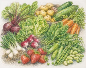 June Harvest.
Beetroot, potatoes, courgettes, carrots, sping onions, radishes, strawberries, peas, spinach and broadbeans.  colourful handsketch.