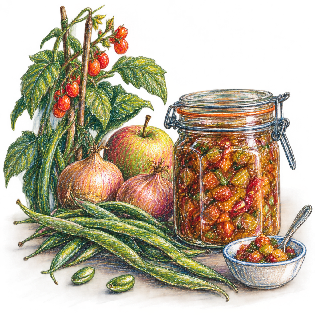 Colour Sketch of Runner Bean Chutney.
©sowitgrowitandfeast