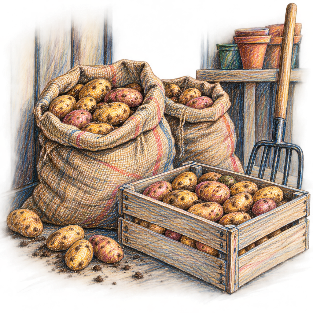 Colourful Sketch of Potatoes in Sack and Crate.
© sowitgrowitandfeast