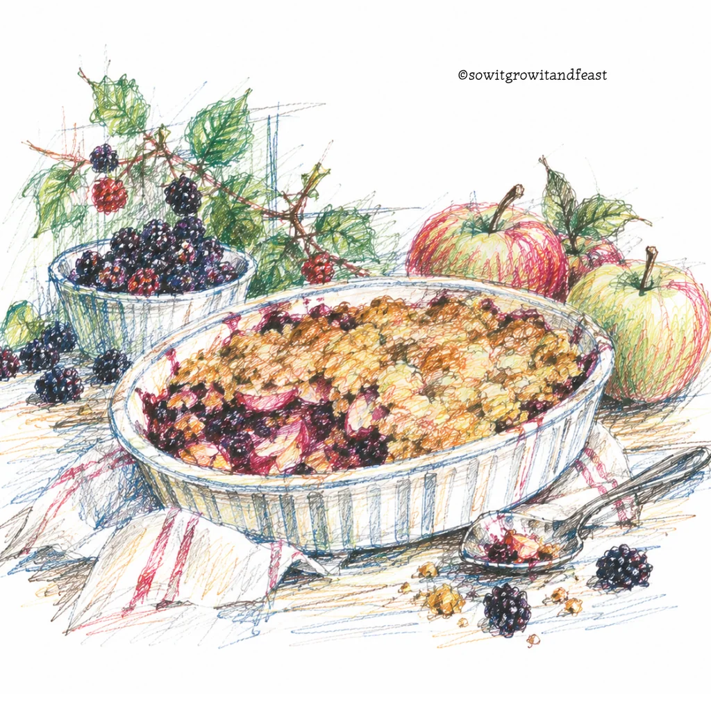 Colour Sketch of Apple and Blackberry Crumble.
ยฉ sowitgrowitandfeast