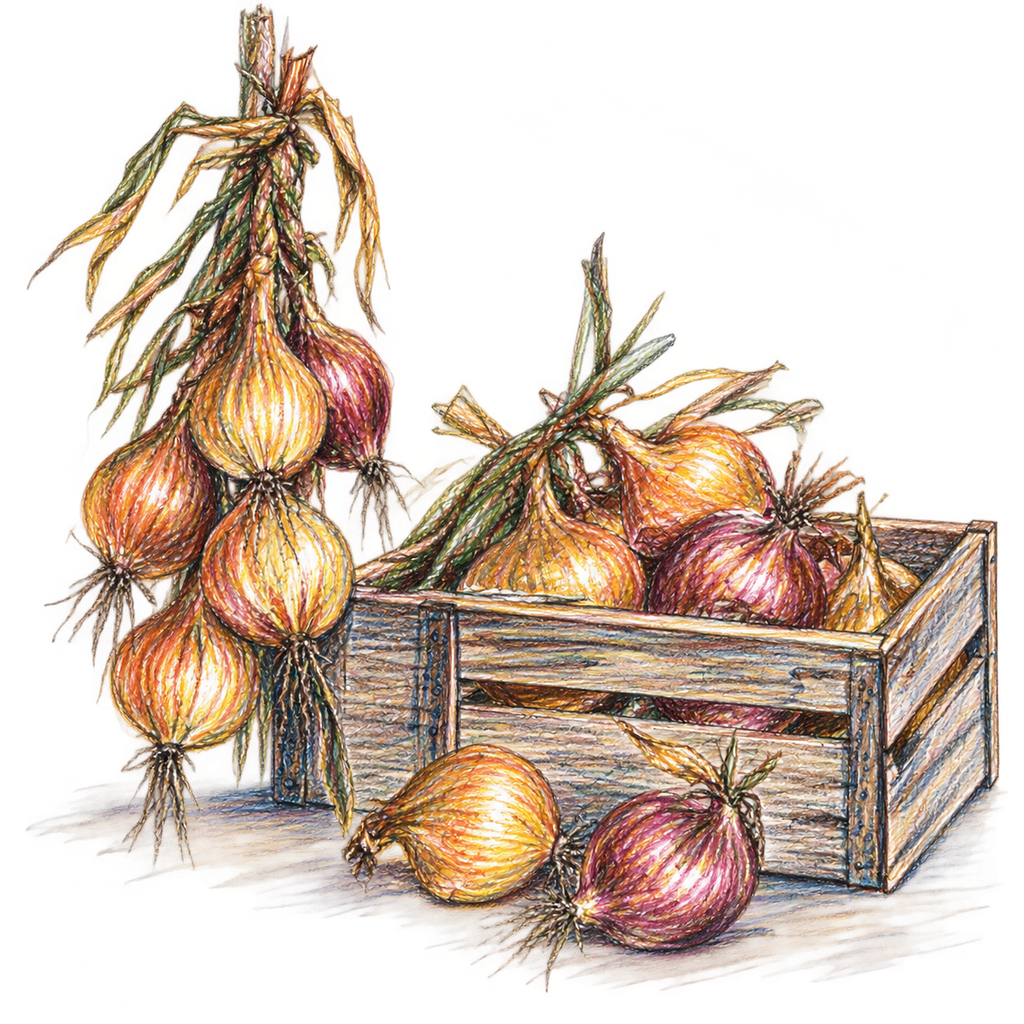 Colourful Sketch of Onions Hanging and in Crate.
©sowitgrowitandfeast