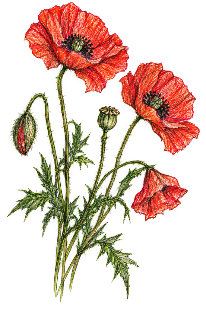Colourful Sketch of Poppies, Papaver species