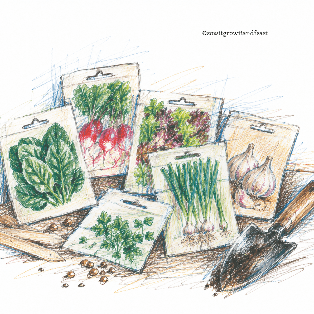 Colourful Sketch of September Seed Packs.
©sowitgrowitandfeast