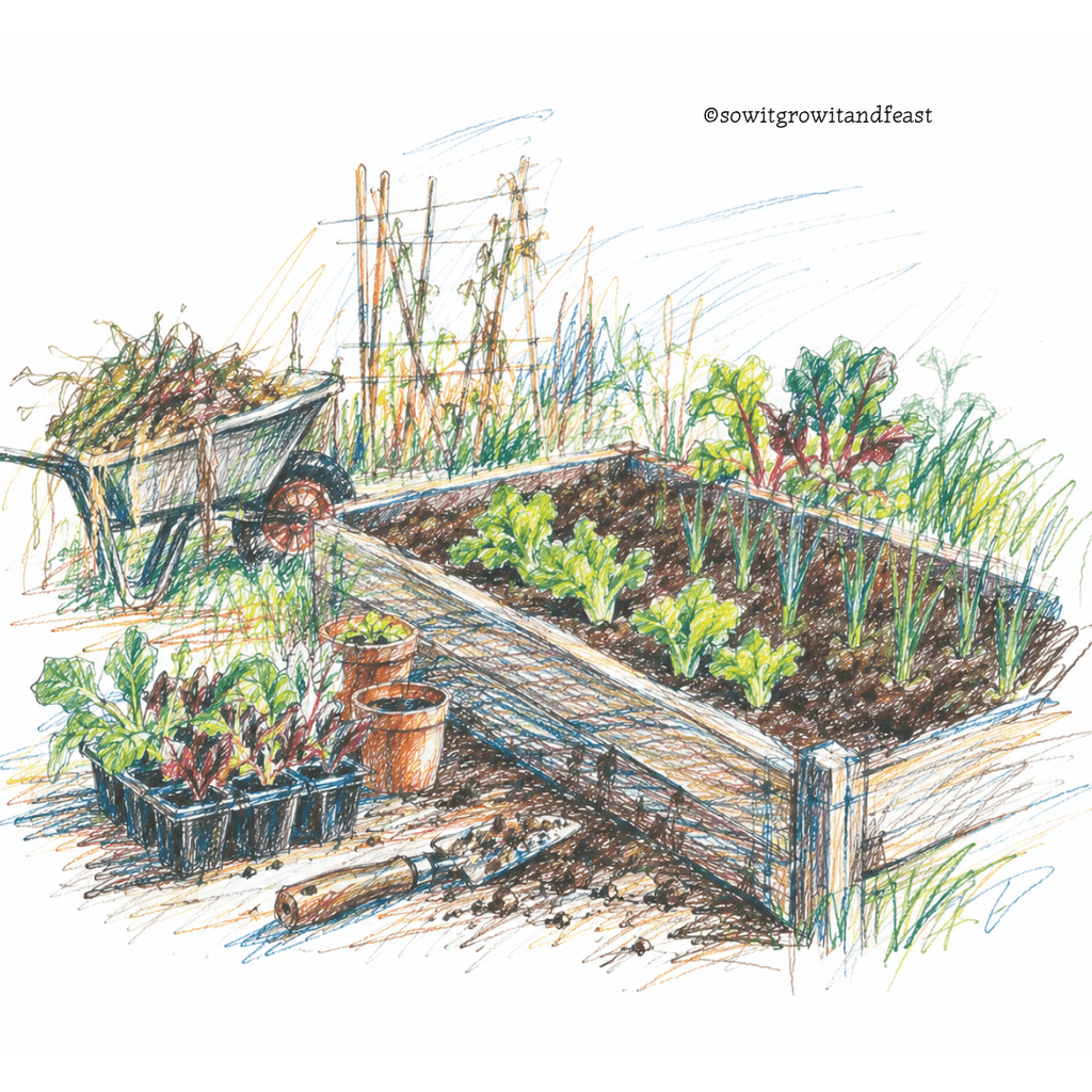 Colour Sketch of Raised Vegetable Bed.
© sowitgrowitandfeast